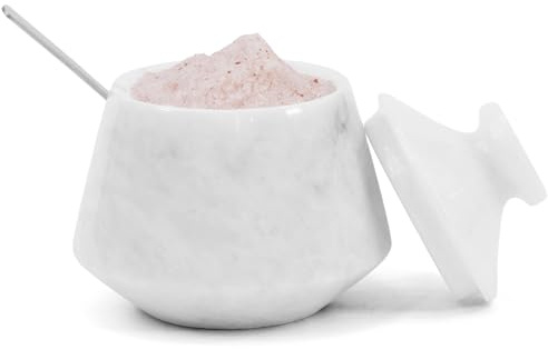 EARTHEN CRAFTS Marmorbehållare saltkällare med lock och sked vit 3 tum handgjord saltdispenser – sockerbehållare för köksbänk – salt- och pepparhållare och smyckesförvaring