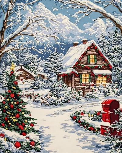 AYAOYANGGO 11CT Kreuzstich Set Stickset Winterlandschaft，Weihnachtshäuschen，Kreuzstich-Set Für Erwachsene Mit Nadeln，Schereneinfädler，Vordruck Für Die Wanddekoration Zu Hause 40x50cm