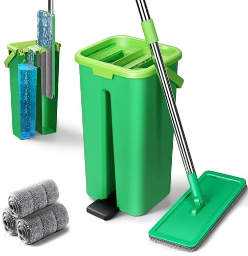 Masthome Mop and Bucket Set,Wet & Dry Flat Mop Cleaning System with 360° Rotating Head,Stainless Steel Handle Squeeze Mop Bucket with 3 Reusable Mop Pads,Floor Mop for Hardwood Laminate Tile Marble