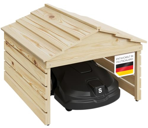 STEELSØN Nembus Mähroboter Garage Natur – Rasenroboter Garage Holz – Rasenmäher Haus mit abnehmbarem Dach – für gängige Rasenmähroboter – Rasenmäher Unterstand mit UV-Schutz – Überdachung Mähroboter