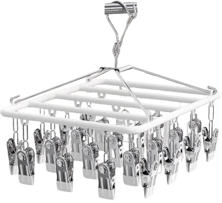 QIUPFGUT Pivotant Coupe-Vent accroche-Chaussettes, Cintre à Chaussettes pour Corde à Linge, Séchoir à Chaussettes en Acier Inoxydable Crochet tournant, 23 Clips Séchoir à sous-vêtements(Blanc)