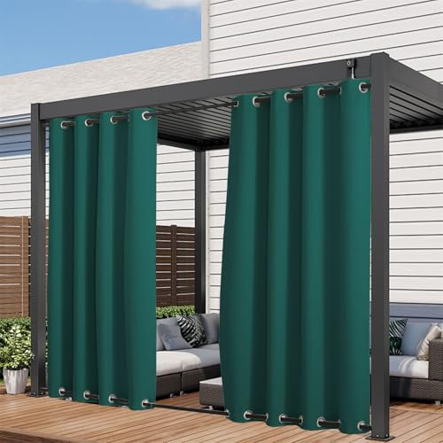 FASCINATDECO 2er Set Outdoorvorhänge mit Ösen (Oben & Unten) Terrasse Vorhänge Sonnenschutz & Sichtschutz Outdoor Vorhang Wetterfest Outdoor Gardinen für Pavillon/Balkon, H 213 x B 132 cm, Dunkelgrün