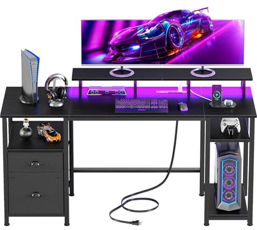 Furologee 51 Gaming Desk with Outlets & LED, Computer Office Desk, Black
