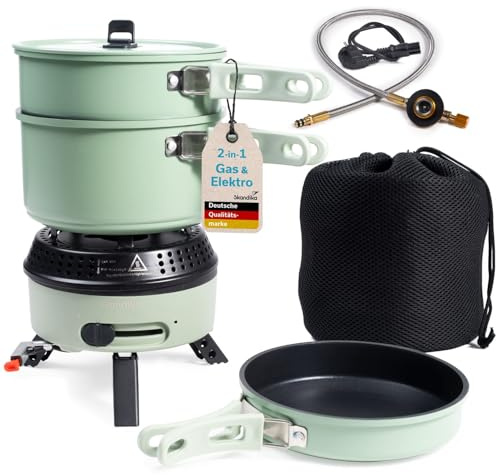 Skandika Réchaud de camping Rask | Fonctionne à l'électricité ou au gaz, allumage piézoélectrique, set avec casserole, poêle, sac | Réchaud à gaz, électrique, plein air, portable