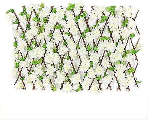 FBANULPEX Valla Extensible de Madera Maciza，Valla de jardín Enrejado con Hojas Artificiales, Enrejado expandible(White,M)