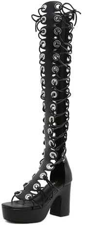 STUPMARY Women Peep Toe Sandals Cut-outs Cross-tied Lace Up High Heeled Gladiator Sandals Zipper Over The Knee Bootie Summer