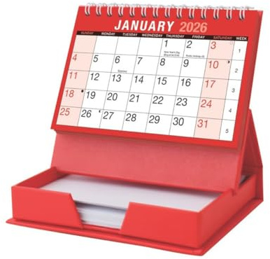eMKay® 2026 Desktop Calendar with Memo Pad – Month to View Freestanding Calendar & Notes Set for Desk – Organiser for Office School or Home – Red Flip-Style Design with Writable Memo Block