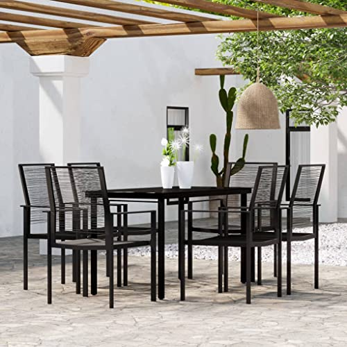 Qnhdfrt Gruppo da giardino 7 pezzi nero con piano in vetro e 6 sedie in PVC rattan per terrazza balcone giardino