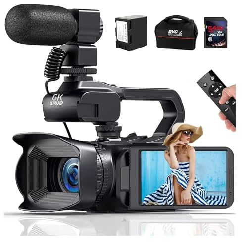 YVAAASIYC Videocamere HD 6K for la fotografia, webcam professionale WiFi da 64 MP, videocamera for streaming live, visione notturna, videocamera for vlogging(With mic)