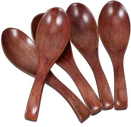 POPETPOP Cuillères à Soupe Lot de 5 Facile à Nettoyer Style Japonerie en Bois Manche Long Design Élégant Usage Polyvalent pour Ramen et Soupe Cuisine et Repas