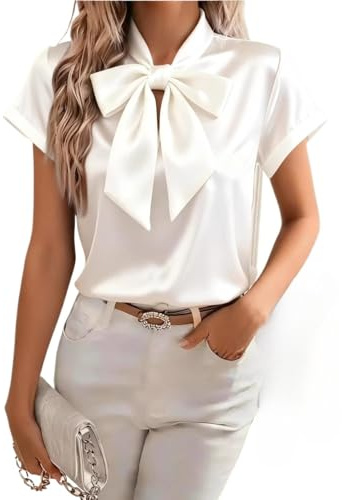 HESYSUAN Camisas de satén con cuello de lazo para mujer, elegantes blusas de seda de manga larga, casual, elegante, para negocios, trabajo, 2025