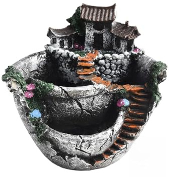 BEAZOOM Casetta delle fate stravagante in resina con scale e recinzione, 175 x 17 x 16 cm, vaso per fiori e piante grasse, decorazione da giardino