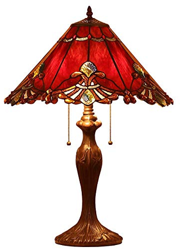 Bieye L10024 Baroque Tiffany Style Stained Glass Table Lamp with 17 inches Wide Handmade Lampshade for Bedside Bedroom Living Room, 26-inch Tall (Red)