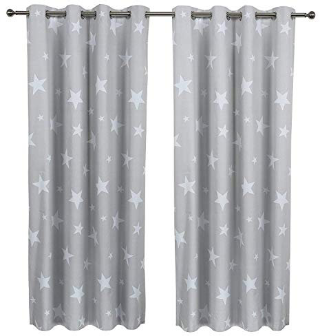 Cortina infantil con estrellas Sherwood 1 par, opaca, con ojales, para ventana, con revestimiento, para habitación infantil o cuarto de estar, 116 cm de ancho, tela, Gris, 46''x54''
