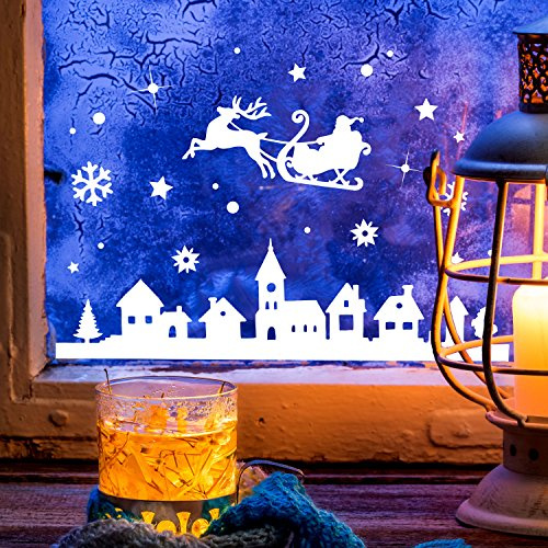 Fensterbild Weihnachtsmann an Weihnachten Winter Fensterdeko 60x32cm Fensterbilder Winterlandschaft + Sterne & Schneeflocken M2263 ilka parey wandtattoo-welt®