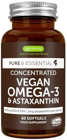 Omega 3 Vegan, Olio di Alghe & Astaxantina Antiossidante, 1344mg Omega 3, 60 Capsule, 400mg DHA & 200mg EPA,Ingredienti Puliti, Softgel Facili da Deglutire - Igennus