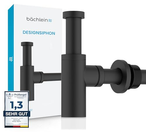 Bächlein Sifón Universal de Diseño Negro Mate para Lavabos y Lavamanos - Set de Desagüe - Trampa con Abertura de Limpieza + Instrucciones de Instalación - Sifón de Diseño, Sifón de Tubería