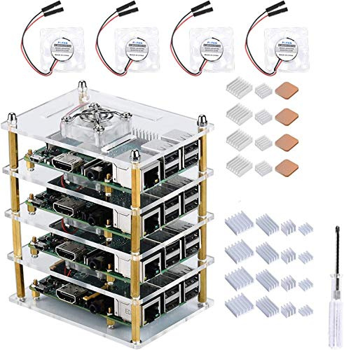 GeeekPi Cluster Gehäuse mit Kühlventilator und Kühlkörpern für Raspberry Pi 4, 4-lagiges Acryl-Stapelgehäuse für Raspberry Pi 3B+/3/2 Model B