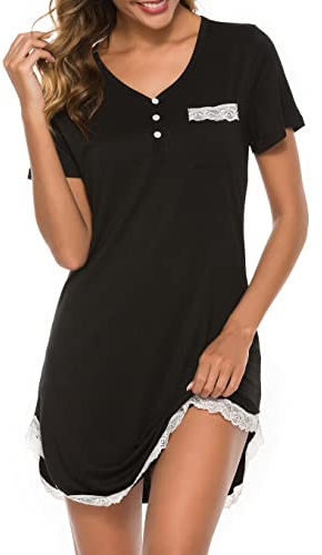 Vlazom Camicia da Notte da Donna Estivo Morbido Traspirante Scollo V Bottoni Maniche Corte Pigiama Pizzo Pigiama，Nero，M
