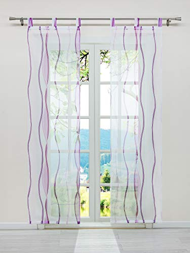 ESLIR Schiebegardinen Set 2er Flächenvorhänge Gardinen mit Schlaufen Schiebevorhang Transparent Vorhang mit Wellen Druck Voile Violett BxH 57x145cm 2 Stück