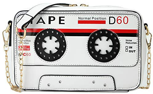 QiMing Retro-Handtasche in Bandform, PU-Audio-Kassette, Crossbody-Handtasche für Damen, Weiß, Small