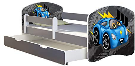 ACMA Kinderbett Jugendbett mit Einer Schublade und Matratze Grau mit Rausfallschutz Lattenrost II Spielbett Kinderzimmer Möbel (04 Blaue Auto, 140x70 + Bettkasten)