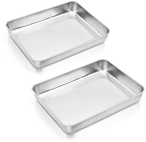HaWare Baking Tray Set of 2, 31.5 x 24.8 x 5cm Rectangle Cake Tin Stainless Steel Oven Tray, Deep Roasting Pans for Cake/Brownie/Lasagna/Casserole, Healthy& Durable, Brushed Finished& Dishwasher Safe