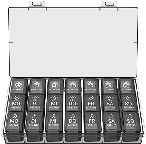 WELLGRO Tablettenbox für 7 Tage - je 3 Fächer pro Tag - separate Wochentagsentnahme - Wochendosierer mit Klickverschluss - Kunststoff - Farbe wählbar, Farbe:Schwarz