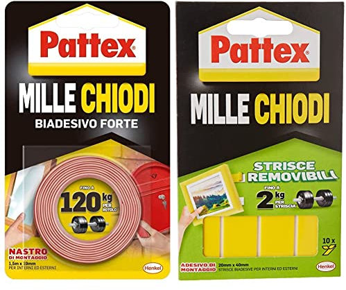 Pattex Millechiodi Tape, nastro biadesivo extra forte per applicazioni permanenti, nastro adesivo di montaggio per interni ed esterni & Millechiodi Biadesivo, Strisce Adesive Muro