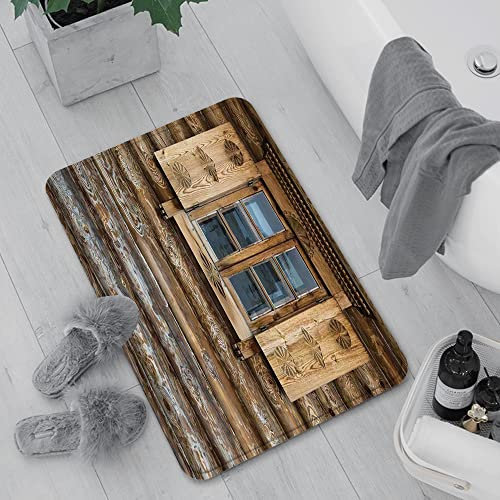 Badematte rutschfest, Badteppich für Badezimmer,Fensterläden, Fenster mit Fensterläden gemustert an der Wand des alten Holzhauses, Brau,Waschbar Badezimmerteppich für Wohnzimmer Schlafzimmer 60x100 cm