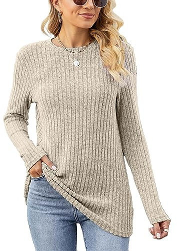 Famulily Women's Long Sleeve Tops Casual Round Neck Ladies Lightweight Knit Jumpers