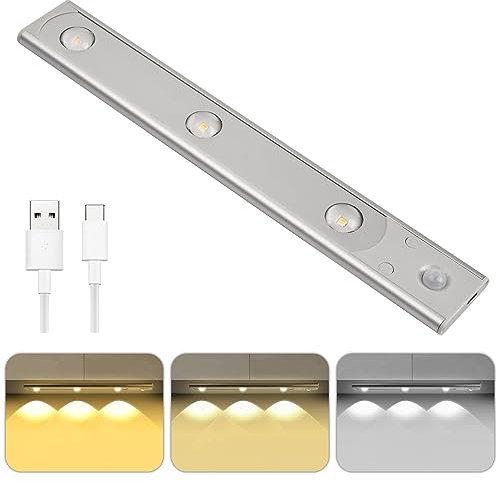 Jinlaili Luce Armadio LED con Sensore di Movimento, USB Ricaricabile Luci Notturna, 3 Colori Dimmerabili Luci Led con Striscia Magnetica, Luce Armadio Led, Lampada per Cucina, Scale, Sottopensile