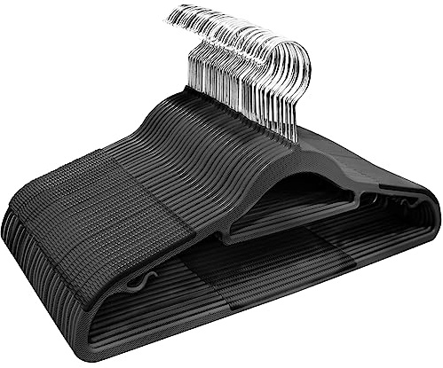 ABHENG 30 Stück Kleiderbügel, Rutschfester Kunststoffbügel, Platzsparender Bügel, 360° Drehbarer Haken, Dicke 0,5 cm, 42 cm lang, für Mäntel, Kleider, Hemden, Schwarz + Silber, APY0330B