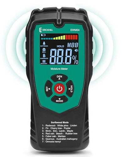 ERICKHILL Wood Moisture Meter, Non-Invasive Damp Meter Detector with 4 Modes, LCD Display with Backlight, Wood and Building Material Dampness Inspection, Moisture Detectors for Wood, Drywall