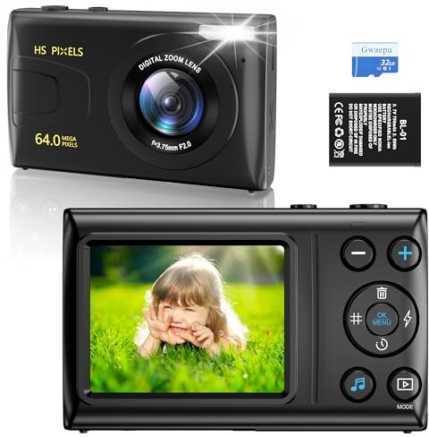 Appareil photo numérique 4K 64 MP avec zoom 18x - Caméra de vlogging compacte pour adolescents, adultes, garçons, filles, enfants, anti-secousses, mise au point automatique, carte 32 Go