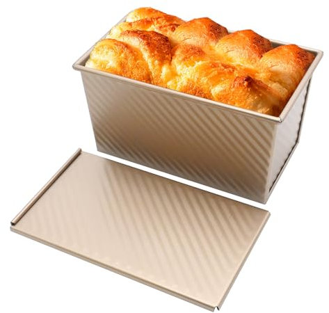 Saihisday 450g Gold Tortiera con coperchio antiaderente Bakeware Golden Ondulato Pane Toast Box Stampo con coperchio Acciaio al carbonio per cuocere il pane