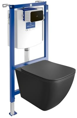 Lavita ViConnect H112 Vorwandelement Unterputz WC mit Bedienplatte + Wand Hänge Tiefspül WC Onil Schwarz Spülrandlos + WC Sitz Komplettset Unterputz Spülkasten Toilette Komplett Sett WC