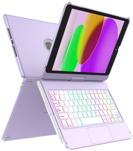 MMK Funda Teclado para iPad 9 Generacion 10.2 2021 con Touchpad, Giratoria de 360° & 7 Teclas retroiluminadas de Color & Conexión inalámbrica Bluetooth con Ranura de Lápiz, para iPad 10.2 9ª/8ª/7ª