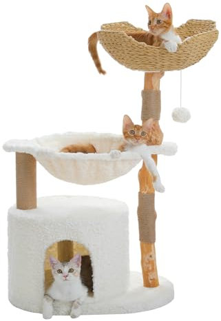 PETEPELA 102cm Moderner Kratzbaum für Katzen alle Lebensphase, luxuriöser Kletterbaum mit großem Weidenkorb, geräumige Höhle und 40cm weit Hängematte, ästhetisches Katzenhaus für Wohnungskatzen beige