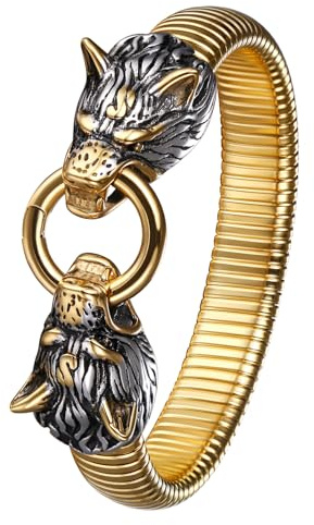 JewelryWe Schmuck Herren Armband Edelstahl Gegenüber Wolf Wolfskopf geflochten Draht Kabel Wikinger Biker Offen Armreif Armspange Silber/Gold/Schwarz