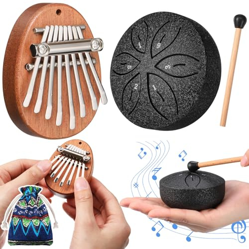 Maasechs Mini-Kalimba- und Zungentrommel-Set, 8 Tasten, 6 Noten, Schwarz, 2 Stück | Daumenklavier inklusive Stimmwerkzeuge, Schlagzeug und Schlägel, tragbare Musikinstrumente, Geschenk für Erwachsene Anfänger
