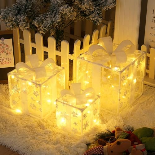 Geschenkboxen Weihnachtsbeleuchtung Außen Batterie, 3er LED Weihnachtsdeko mit Timer und Fernbedienung, 8 Modi, LED Weihnachtsdeko Aussen Geschenkbox für Weihnachtsbaum Fensterbank Garten (Rot Grün)