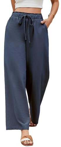 Niwicee Pantalones Mujer Verano, Frescos Pantalón Anchos Cintura Alta Elasticos Pantalon Palazzo Mujer Ligero Casual Pantalones Rectos Suelto con Bolsillos Cordón(Azul Marino,XXL)