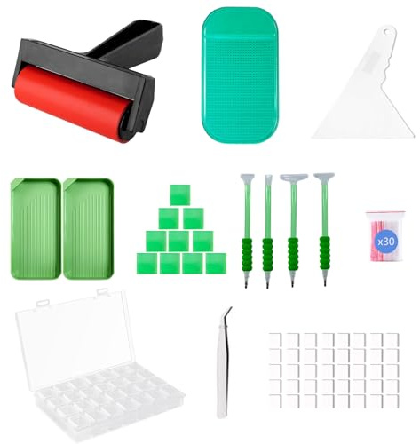 LIRUNQIU 46 PCS Diamond PaintingTools Kit, Complete Accessories Set with Anti-Slip Mat, Tweezers, Roller, Wax Pen, Storage Containers, Trays for Adults Kids Beginners Art Crafts(Green)