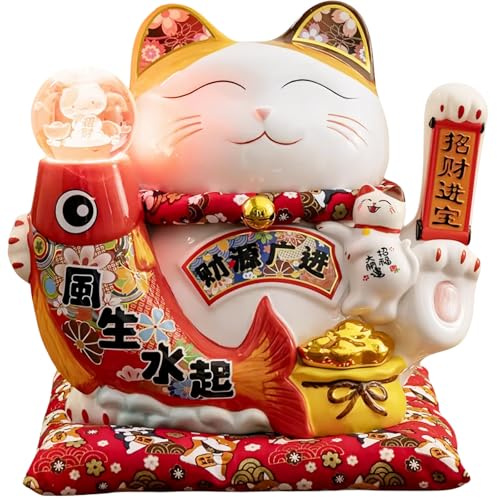 HANTHES Large Chinese Ceramic Lucky Cat Japanese Maneki Neko Fortune Cat Statue Lucky Cat Waving Arm Feng Shui Decor for Home/Office/Shop/Restaurant for Wealth & Good Luck