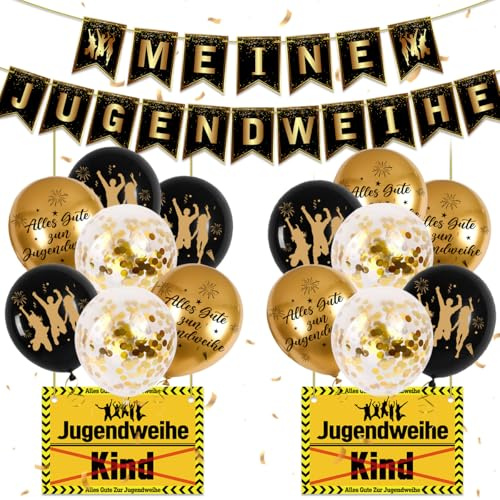 Jugendweihe Deko, Jugendweihe 2025 Deko Schwarz Gold Junge Mädchen, Alles Gute zur Jugendweihe Luftballons mit Schild zur Jugendweihe, Meine Jugendweihe Banner, Gastgeschenke Jugendweihe