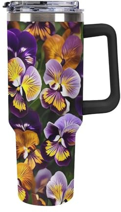 asbwuo 40 Oz Tumbler with Handle Pansy Perfection Stainless Steel Coffee Mug Reusable Travel Mug Leak-Proof Insulated Car Cup Large Capacity Tumbler for Travel, Outdoor, Home Use (Black)