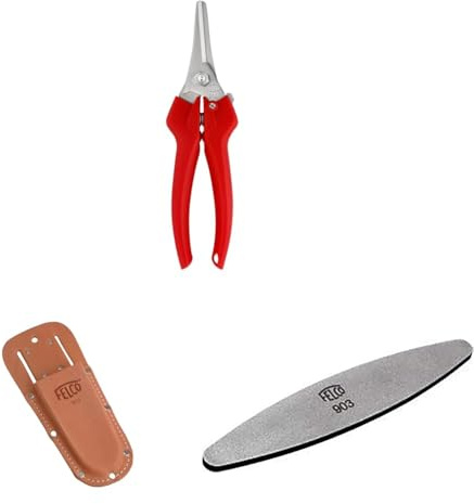 FELCO 310 Leseschere mit Lederholster 910+ und Schleifstein 903 – Leichtes Set für feine Ernte und präzise Pflanzenschnitte