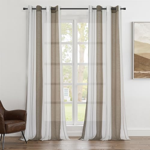 Topfinel Voile Braun Vorhang mit Ösen Halbtransparent Streifen Kurz Ösenschal Gardine für Kinderzimmer Schlafzimmer Wohnzimmer 140x245(BxH) cm 2er Set