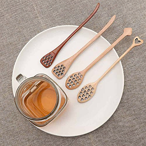 Wooden Honey Dipper, Wooden Handmade Honey Sever, Honeycomb Mixing Stick Spoon Syrup Dispenser Spoon for Honey Jar(4PCS/Set)
